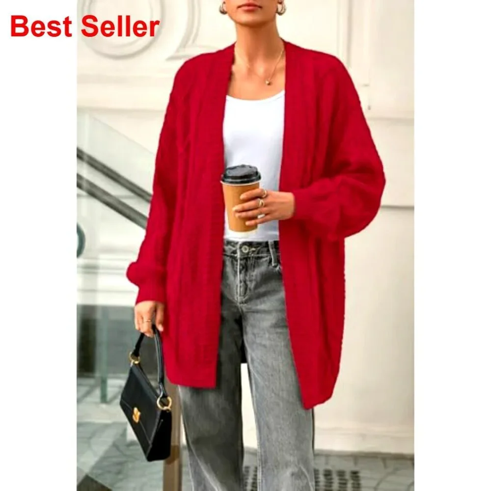 Cable Knit Open Front Chunky Cardigan Lantern Sleeve Oversized Sweater